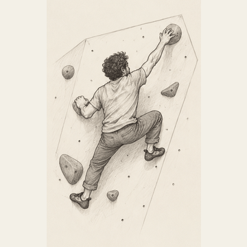 Pencil sketch of a climber moving between bouldering holds